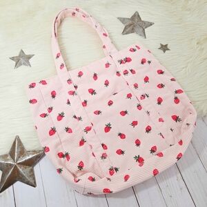 Pink Strawberry Corduroy Tote Bag Zip Top Pastel
